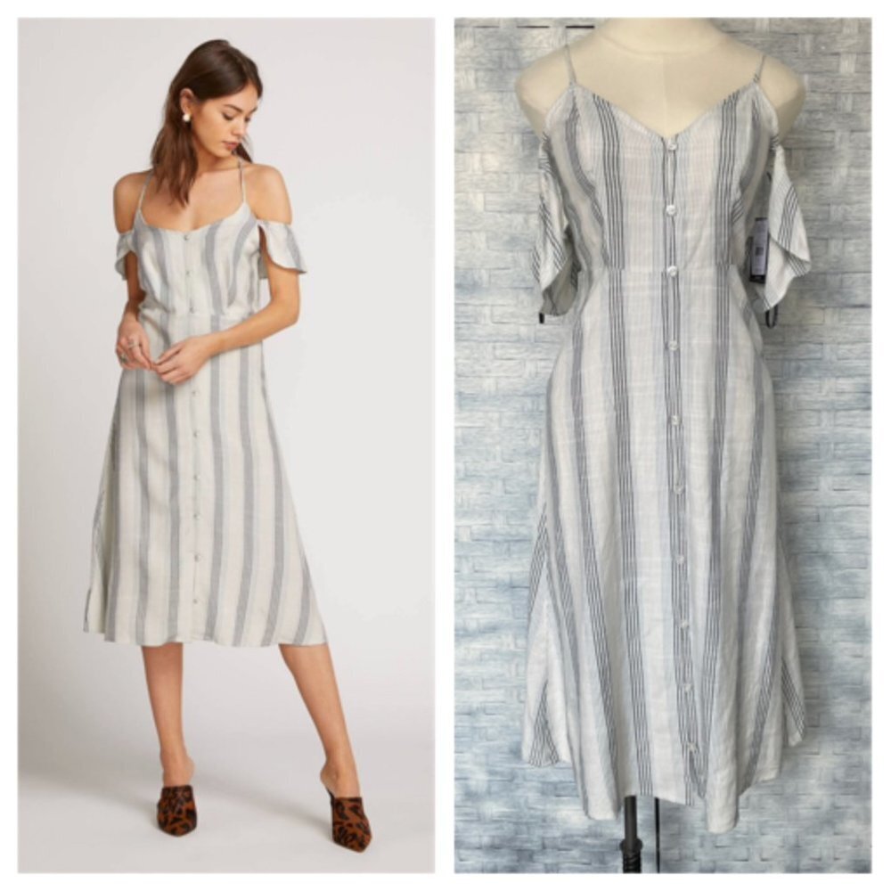 VOLCOM XS Winding‎ Roads Midi Dress Striped Cold Shoulder Button Front Strappy